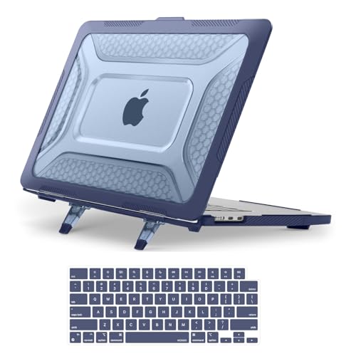 MOSISO Compatible with MacBook Air 15 inch Case 2025 2024 2023 M4 A3241 M3 A3114 M2 A2941, Honeycomb Shockproof Heavy Duty TPU Bumper Plastic Hard Case with Fold Kickstand&Keyboard Cover, Navy Blue