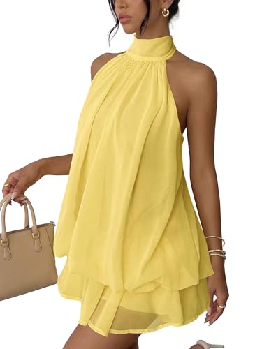 Xiaoliny Robe Femme Chic et Elegant Été Robes Courte Ample Col Halter sans Manches Sexy Mini Robe Dos Nu à Nouer Casual Robes en Mousseline Volants Fluide Dresses pour Soirée Clubbing Plage Vacances