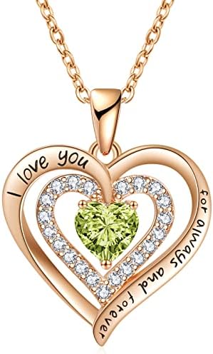 REDBEE Valentine Gift for Wife - Double Heart Pendant Necklaces Daughter Gifts for Birthday Mother's Day Wedding Anniversary Necklaces for Woman's Jewelry Gift for Her (Aug-Peridot-Rose Gold)