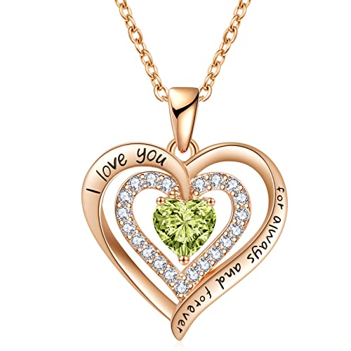 Redbee Valentine Gift For Wife - Double Heart Pendant Necklaces Daughter Gifts For Birthday Mother's Day Wedding Anniversary Necklaces For Woman's Jewelry Gift For Her (Aug-Peridot-Rose Gold) #TOP5