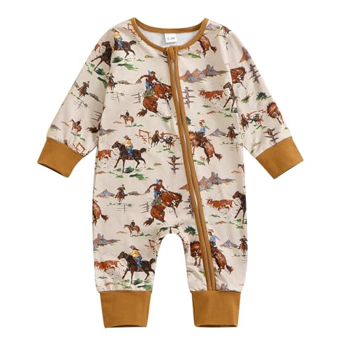 Image of Karwuiio Baby Boy Girl Western Clothes Cow Print Long Sleeve Romper Jumpsuit One Piece Newborn Fall Winter Outfit