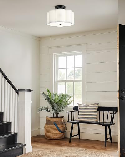 Image of Semi Flush Mount Ceiling Lights, 3-Light 13 inch Ceiling Light Fixtures with Fabric Shade in Flower Shape, Matte Black Drum Lighting for Nursery Hallway Bedroom Kitchen, AD-22007-3SF-BK