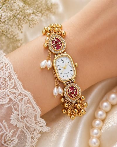 Image of Kashmiri Watch for Women, Gold-Plated, Crystal Studded Ethnic Bracelet with Pearl Charms