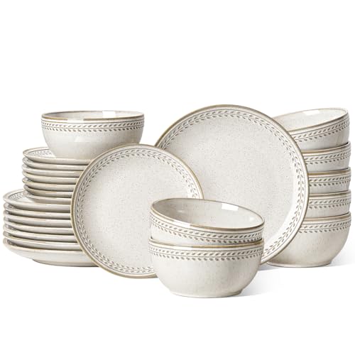 Image of LE TAUCI 24 Piece Dinnerware Sets for 8, Large Plates and Bowls Sets, Ceramic Dishes Set for 8, Modern Stoneware Tableware, Chip Resistant, Ideal for Hosting, Reactive Beige (8 inch&10 inch Plate, 27oz Bowl)