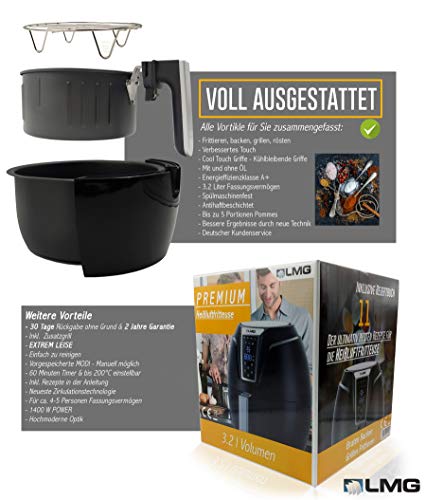 Heißluftfritteuse Premium 3.2L - Airfryer Mit Touch-Bedienfeld, Neueste Technik, 100% knusprig mit Heißluft ohne Fett - Backen, Frittieren, Grillen, Rösten - Spülmaschinenfest - Extrem leise Anwendung 4