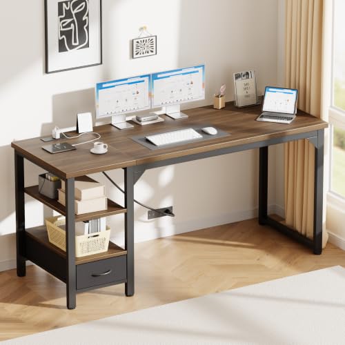 Image of Mericonia 63 inch Computer Desk with Drawer, 1.2 inch Thick Reversible Office Desk | Modern Writing Table with Power Outlets & Storage Shelves, Heavy Duty Industrial Executive Desk for Home Bedroom Study Work