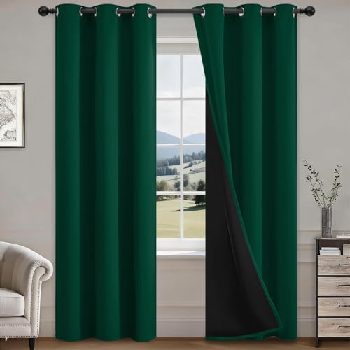 Image of COSVIYA 100% Dark Green Blackout Curtains for Living Room 84 Inches Length | Room Darkening Light Blocking Drapes for Bedroom, Grommet Thermal Insulated Window Panels with Black Liner, W40xL84, 2 Panels