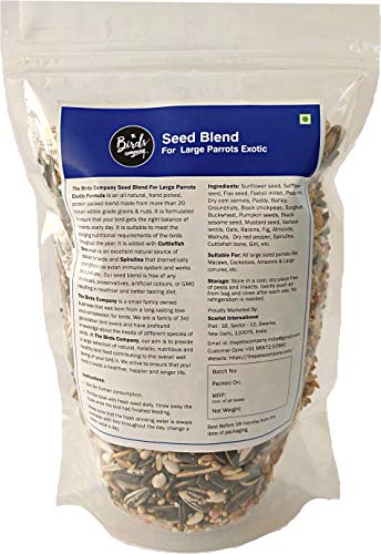 Image of The Birds Company Exotic Seed Blend of 20 Grains & Exotic Nuts, Fortified with Spirulina, Bird Food for Large Parrots, Amazon, Macaw, Cockatoo, 450 g
