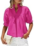 SimpleFun Peplum Blouses for Women Business Casual Vneck Puff Sleeve Professional Tops Boutique Clothing Hot Pink,XL