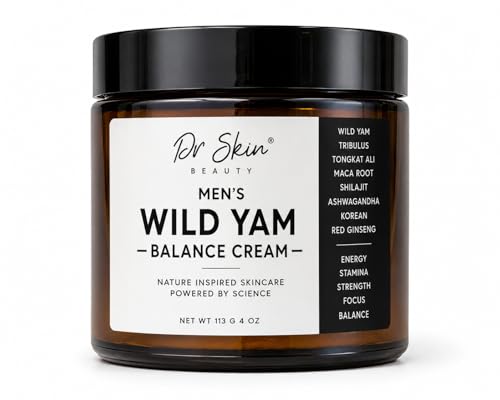 Dr. Skin Mens Organic Wild Yam Cream for Hormone Balance - Natural T-Booster with Korean Ginseng & Tongkat Ali - Added Ashwagandha to Boost Energy Stamina Endurance & Strength - 4oz Made in USA