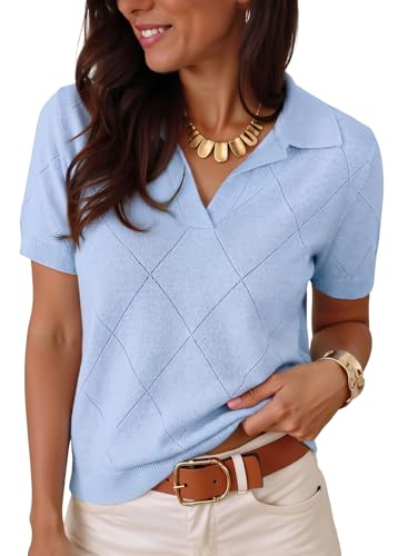 Dokotoo Polo Shirts For Women V Neck Short Sleeve Summer Sweaters For Women Lightweight Polo Shirts Collared Shirts Knit Business Casual Work Tops Golf Outfits Baby Blue Sweaters Small