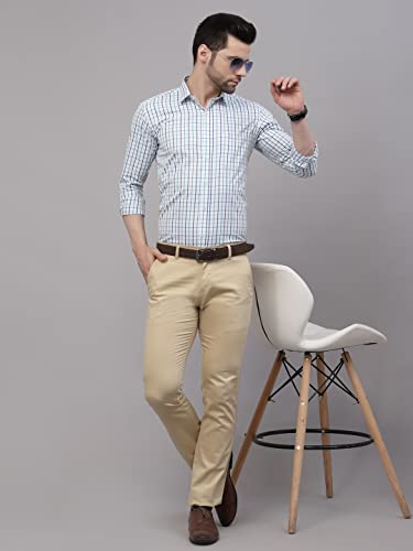 Image of Style Quotient Men White and Turquoise Checks Yarn Dyed Polycotton Regular Formal Shirt