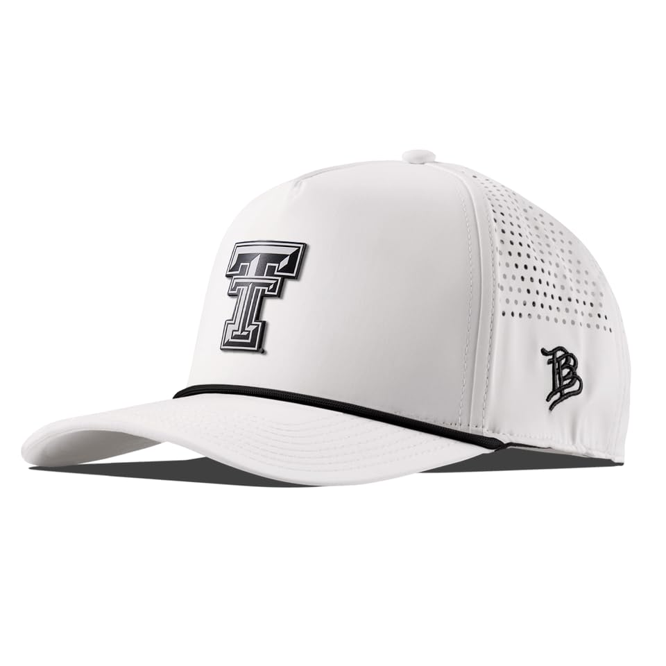 Branded Bills NCAA Texas Tech Red Raiders White 5-Panel Performance Black Rope Vintage Texas Tech ChromaRay Patch Lightweight Comfortable Baseball Cap