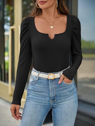 Tankaneo Womens Puff Long Sleeve Shirts Fall Square Neck Ribbed Knit Elegant Sweater Tops Silm Fitted Dressy Casual Blouse2