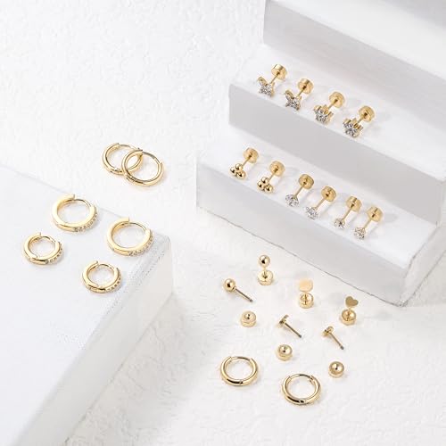 Hypoallergenic Surgical Steel Earrings for Women Men Sensitive Ears Dainty 14K Gold Stainless Steel Earrings Flat Back Gold Small Stud Hoop Cartilage Earring Set for Multiple Piercing4