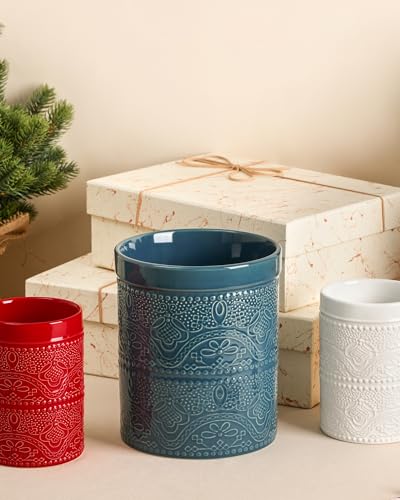 Image of FUN ELEMENTS Kitchen Utensil Holder, 7.2+5.5 inch Super Large Utensil Crock Heavy and Stable Lace Emboss Ceramic Utensil Holder for Kitchen Counter(2Pcs Grayish Blue)