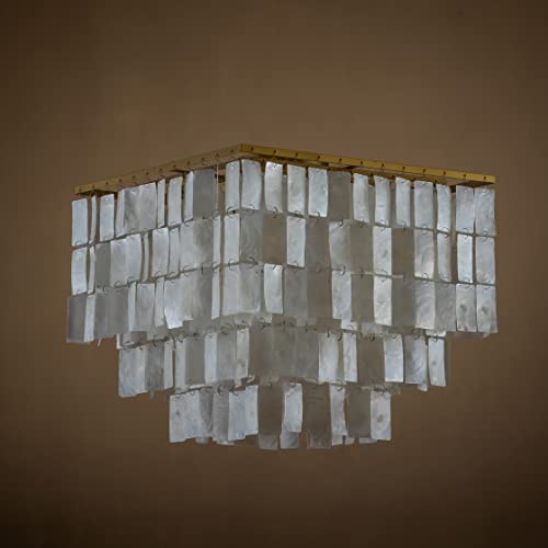 ALOADECOR 3 Lights Costal Square Antique Brass Flush Mount Ceiling Light with Rectangle Capiz Natural Seashells Shade Modern Shells Chandeliers for Living Room Dining Room Bedroom W 16.4 inch - Image 4