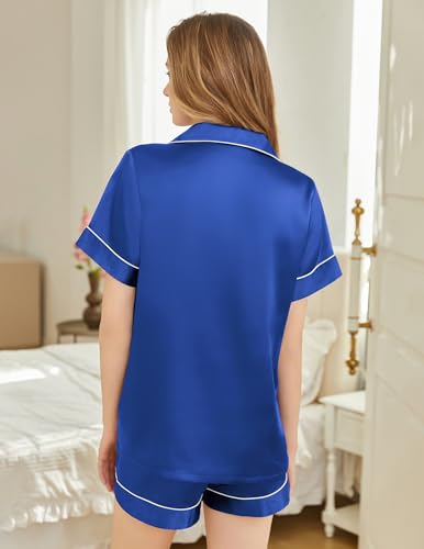 Image of Silk Pajamas for Women Short Sleeve Sleepwear Soft Button Down Loungewear 2 Piece Satin Pjs Shorts Set S-XXL