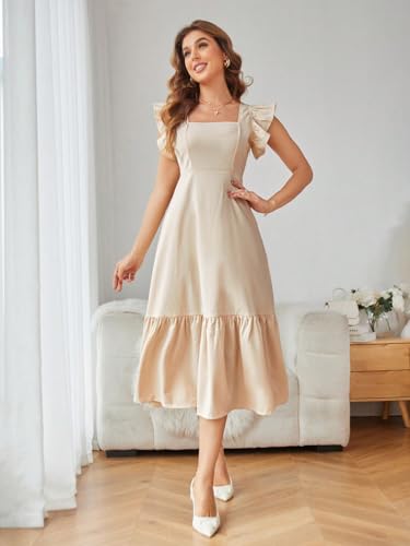 Image of Shasmi Girl's & Women's Solid Color Square Neck, Ruffle-Trimmed Hem Sleeveless, Ruffle Armhole and Casual Dress with Cinched Waist Vacation Outfits Woman (Dress 162)