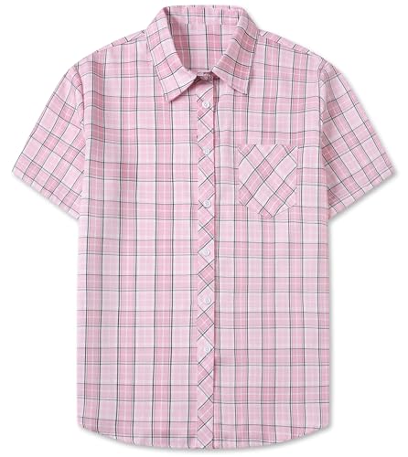 Image of SANGTREE Girls and Women Plaid Shirt Short Sleeve Button Down Summer Blouses Tops