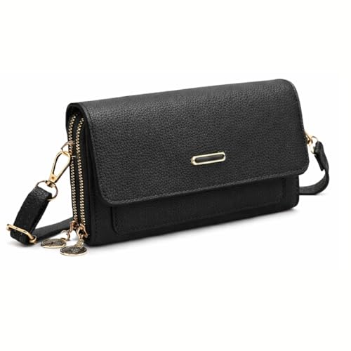 Bolsa Feminina Transversal com Alça Ajustável Crossbody Pequena de Couro Sintético Tipo Clutch, carteira feminina com Zíper e Bolso para Celular Ideal para Viagem e Dia a Dia (Preto)