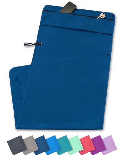 Fit-Flip Fitness Handtuch aus Mikrofaser - mit Magnet und Reißverschluss Tasche - Fitnesshandtuch für Sport und Gym - Kompakt & Schnelltrocknend - Sporthandtuch Fitnessstudio - Marineblau - 130x48cm