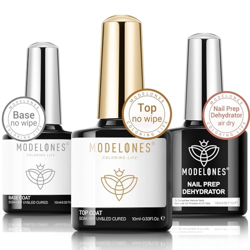 Image of modelones Gel Base Top Coat Set with Dehydrator, 3 Pcs No Wipe Diamond Super Shiny Top Coat Nail Art Prep Kit