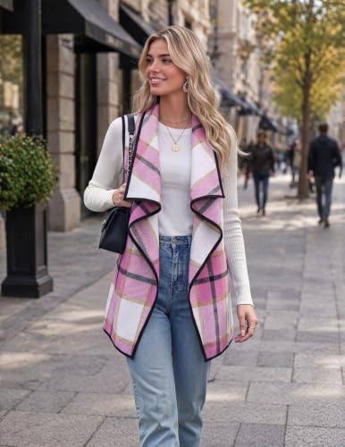 Zeagoo Pink Plaid Vest Women Flannel Jacket Turn Down Collar Fall Clothes - image 5
