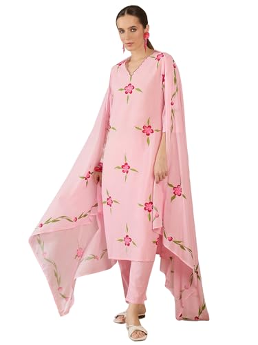 Image of INDO ERA Women's Pure Cotton Floral Printed Thread Work Kurta & Pant with Dupatta Set | Cotton Kurta Set For Woman
