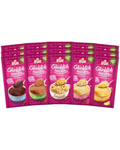 RUF Glücklichmacher Tassenkuchen Set (15 Stück), saftiger Tassenkuchen in 5 verschiedenen Sorten, Schokoletto, Schokolade, Zitrone, Birthday Cake, Haselnuss, Kuchenmischung für Mikrowelle
