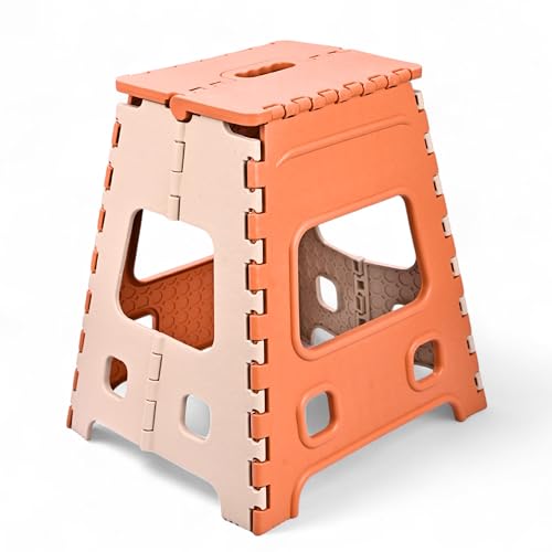 Image of AMEEBA 18 Inch Super Strong Folding Step Stool to Support Adults and Safe Enough for Kids. Opens Easy with One Flip, Great for Kitchen, Bathroom, Bedroom, Kids or Adults (Orange)