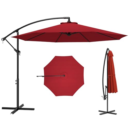 Outsunny Parasol déporté octogonal inclinable manivelle avec pied en acier Ø 3 x 2,5H m rouge vineux