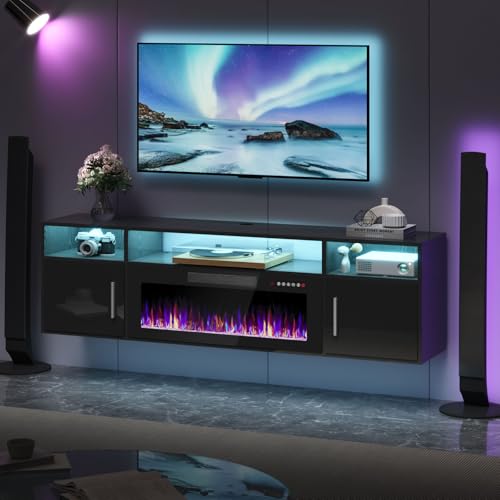PRETZI Floating Fireplace TV Stand, 70' Wall Mounted Entertainment Center with 36' Fireplace for TVs Up to 80', LED Modern Wood TV Console with High Gloss Cabinet for Living Room (Black)