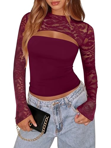 Xuiqx Women's Lace Long Sleeve Going Out Top Sexy Y2K Cute Cut Out Double Lined Slim Night Out Club Party Concert Winter Valentine Outfits (Burgundy Medium)