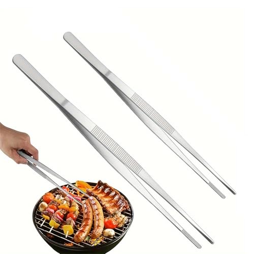 2 Sizes Metal Cooking Tongs & Tweezers Set - 12-Inch & 10-Inch Long Tweezer, Chef Tweezers for BBQ/Food Plating, Dishwasher Safe Metal Tongs