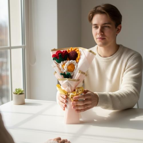 Image of HindCraft Handmade Crochet Flower Bouquet | Crochet Rose Sunflower Daisy Bouquet | Artificial Forever Flowers for Birthday, Anniversary, Valentine Gift, Room Decor