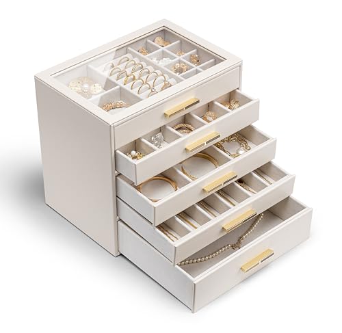 VLANDO Portagioie Grande con 5 Ripiani e 5 Cassetti - Scatola Organizzatrice Gioielli Moderna in Bianco con Coperchio in Vetro Temperato - per Collane, Orecchini, Bracciali, Orologi (Bianco)
