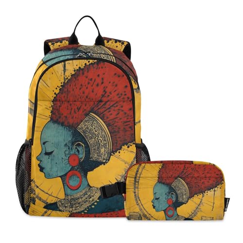 Travel Backpack Lunch Bag Set for Hiking Picnic, Backpacks with Insulated Lunch Box Africa Beauty Woman Print