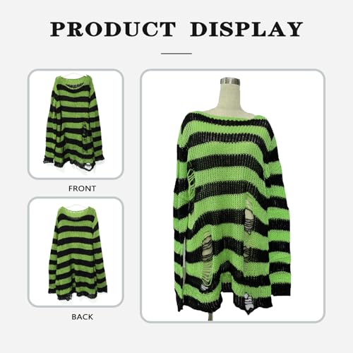 Image of Goth Y2K Striped Sweater with Belt Ripped Punk Gothic Long Sweaters for Women Grunge Distressed Halloween Pullover Tops