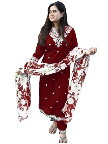 Image of GoSriKi Women's Rayon Blend Straight Embroidered Kurta with Pant & Dupatta