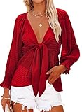 Dokotoo Women's Fall Sexy Deep V Neck Flowy Long Sleeve Blouses for Women Shirts with Smocked Cuffs Front Tie Knot Solid Casual Loose Babydoll Textured Chiffon Tops Red XL