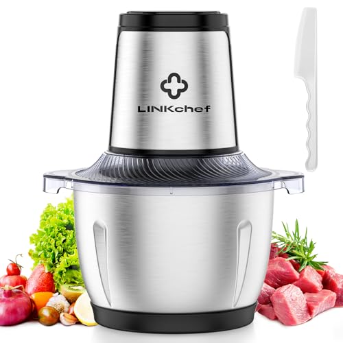 Image of LINKChef Food Processor, 6 Cup Electric Food Chopper, 250W Meat Grinder | Sharp Stainless Steel Blades Chop Meat, Vegetables, Onions and Baby Food, Stainless Steel Bowl, Compact and Easy to Clean