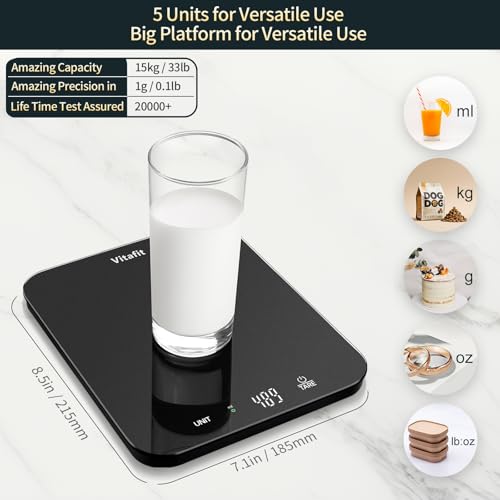 Vitafit 15 kg digitale keukenweegschaal, hoge precisie gegarandeerd door professioneel wegen sinds 2001, levensmiddelweegschaal van 1 g voor koken en koken, led-display, 3 x AAA, zwart - Afbeelding 3