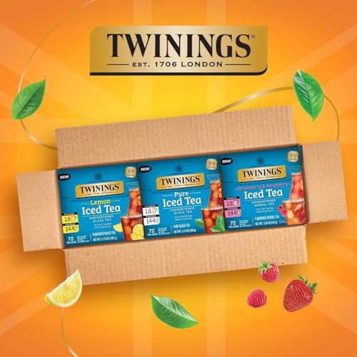 Image of Twinings Iced Tea 3- Pack Variety Bundle, Tea Bags, 72 CT Box (3 Pack) | Unsweetened Black, Lemon Black, and Herbal Strawberry & Raspberry Assortment, 216 Bags Make 54 Pitchers or 432 Servings