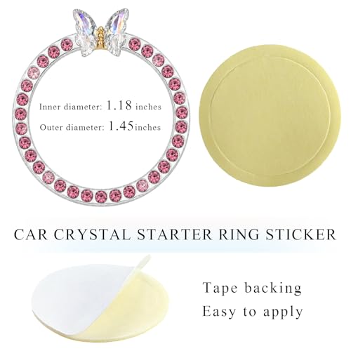Image of DXNQ 2PCS Bling Ring Emblem, Sparkling Butterfly Car Buttons and Knobs Ring, Girly Butterfly Diamond Car Engine Start Button Cover, Key Ignition Knob Rings Decoration for Women (Pink, Single Row)