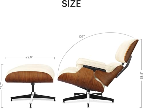Image of Top Cream White Grain Leather, Mid Century Chaise Lounge Chair and Ottoman, Modern Chair Classic Design, Walnut Wood, Heavy Duty Base Support for Living Room Office