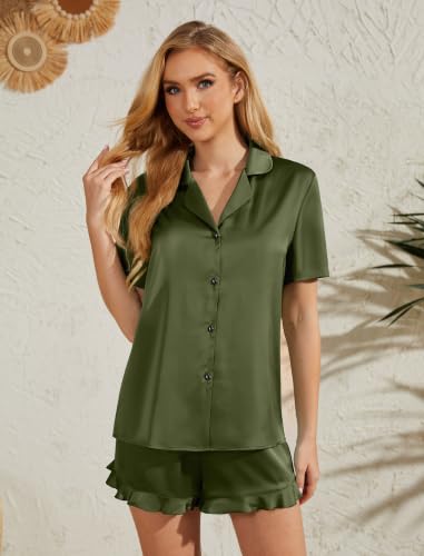 Image of Silk Pajamas for Women Satin Womens Pajama Sets Short Sleeve Set 2-Piece Sleepwear
