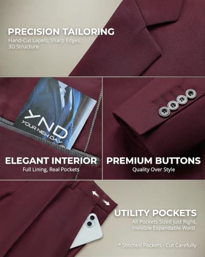 Image of YND Men's 3 Piece Suit with Tie, Solid Color Slim Fit Jacket Vest and Pants