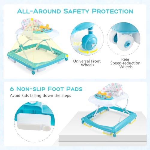 Image of BABY JOY Baby Walker, 4 in 1 Foldable Activity Walker with Adjustable Height, Music, Lights, Anti-Rollover Toddler Push Walker, Baby Walker with Wheels for Boys Girls 7-14 Months (Light Blue)