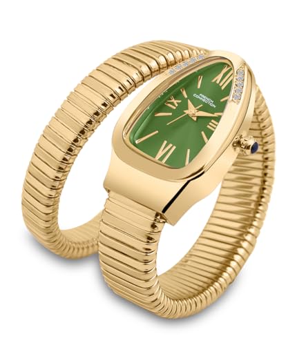 Image of French Connection Eternelle Curve | Green Dial with Rose Gold Case | Flexible Wrap Bracelet Strap | Crystal Accent Design | Roman Numerals Analog Watch for Women - FCN0142NGM